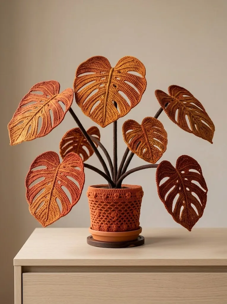 Autumn Burnt Orange Monstera Crochet Plant Free Pattern