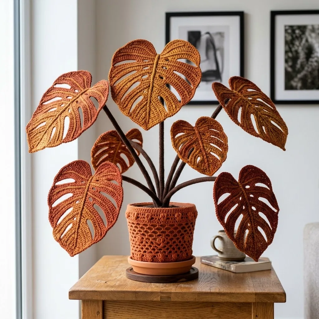 Autumn Burnt Orange Monstera Crochet Plant Free Pattern
