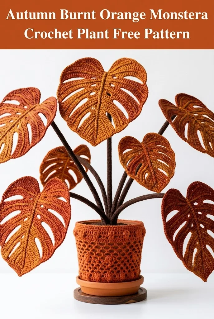 Autumn Burnt Orange Monstera Crochet Plant Free Pattern