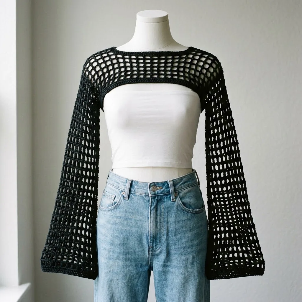 Black Fishnet Crochet Bell Sleeve Shrug Free Pattern