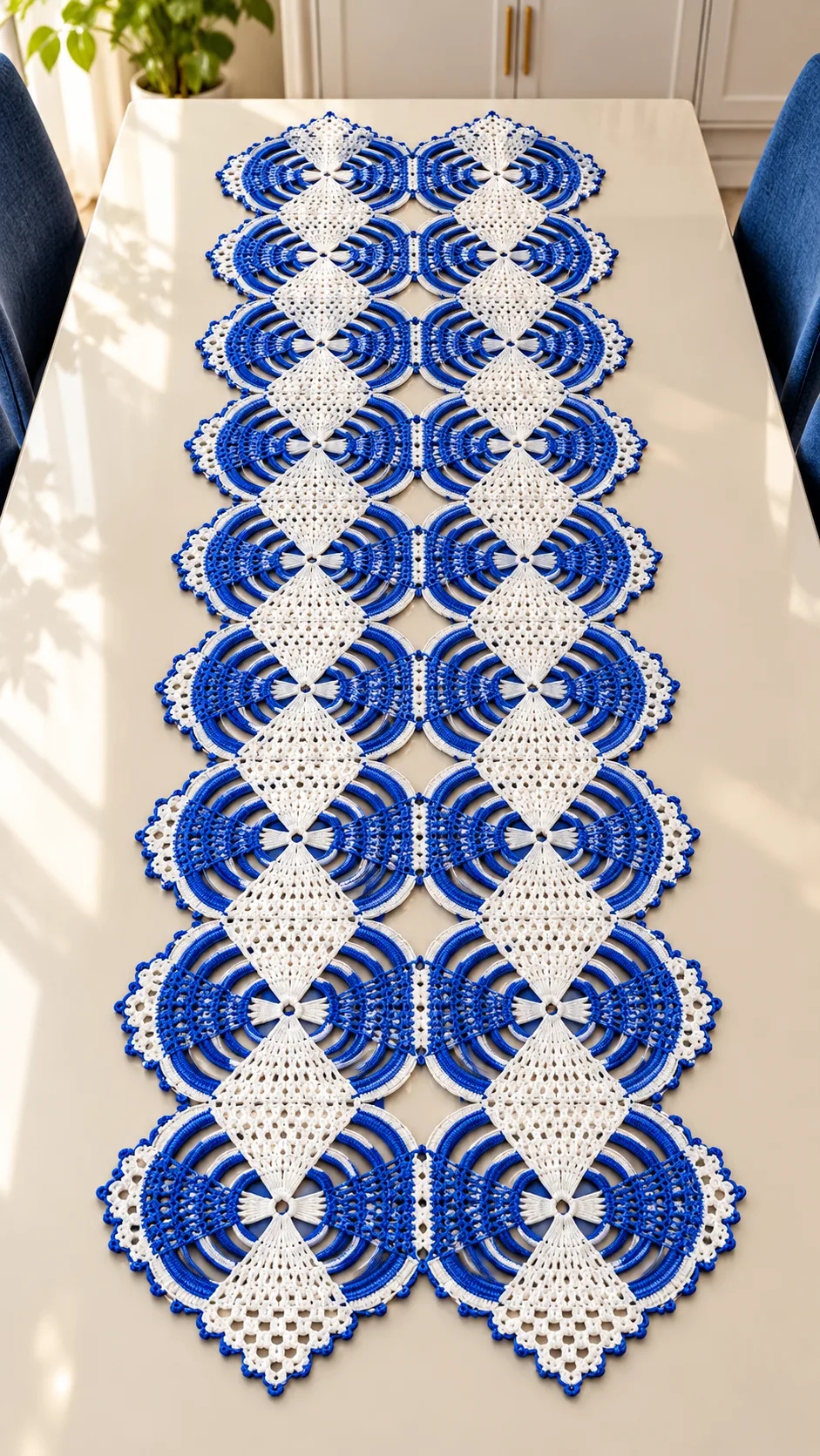 Blue Porcelain Lace Runner Crochet Pattern displayed on a white dining table