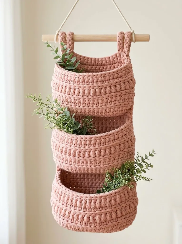 Blush Pink Boho Wall Basket Free Crochet Pattern