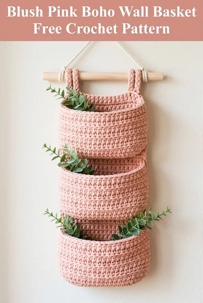 Blush Pink Boho Wall Basket Free Crochet Pattern