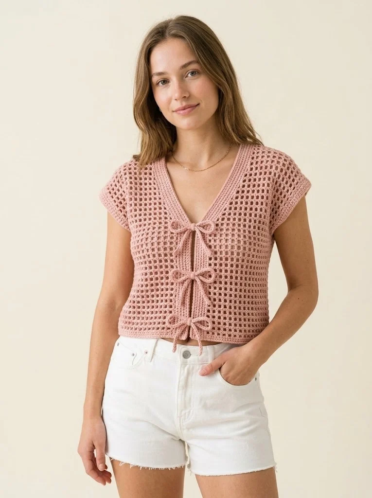 Blush Pink Bow Front Crochet Cardigan Free Pattern