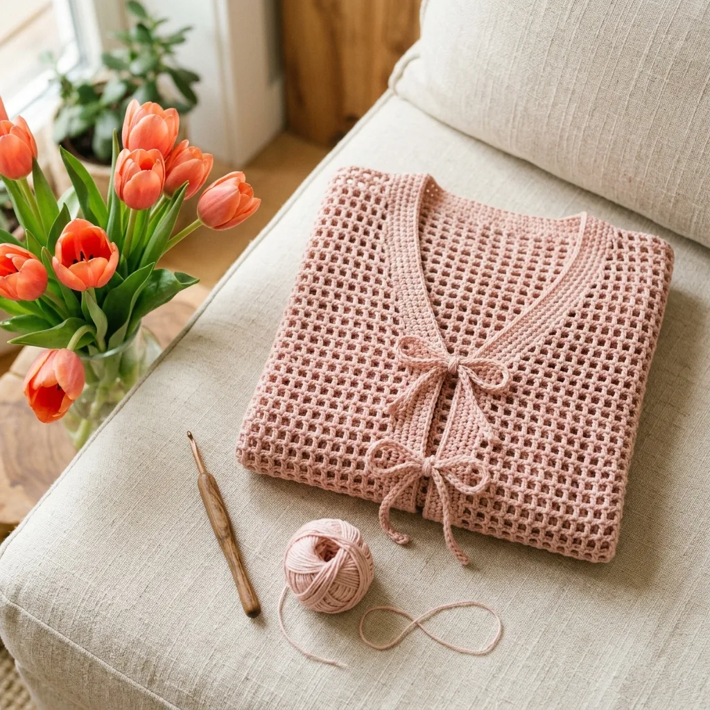 Blush Pink Bow Front Crochet Cardigan Free Pattern