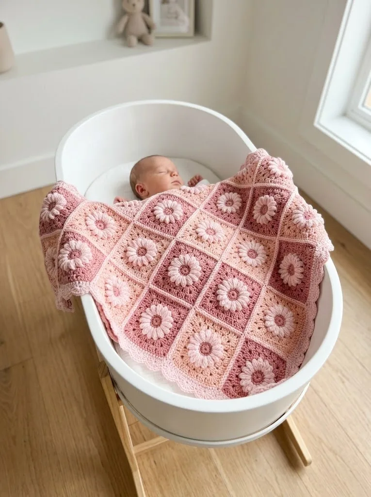 Blush Pink Monochrome Daisy Blanket Free Crochet Pattern