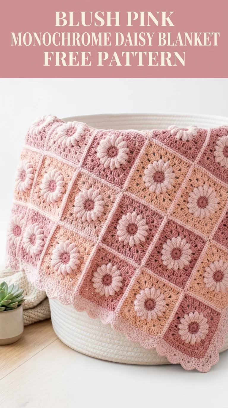 Blush Pink Monochrome Daisy Blanket Free Crochet Pattern