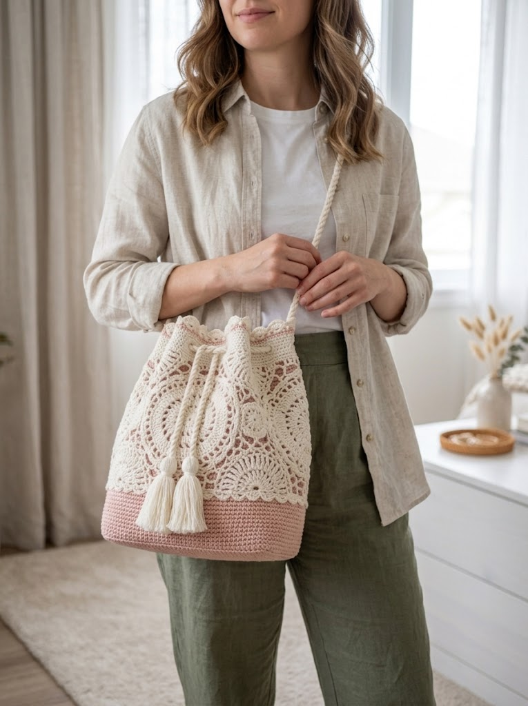 Blush Pink Romantic Lace Bucket Bag Free Crochet Pattern