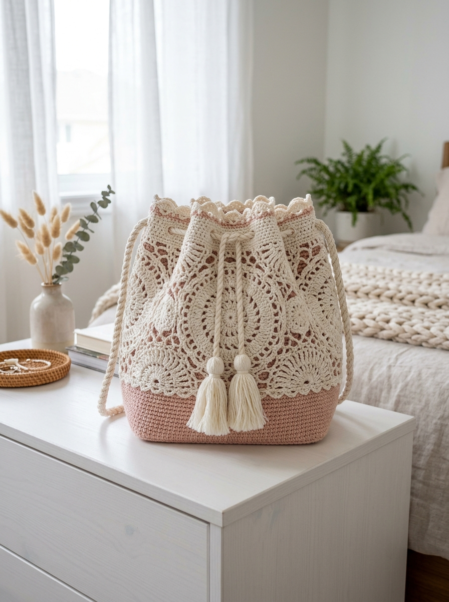 Blush Pink Romantic Lace Bucket Bag Crochet Pattern (PDF Download)