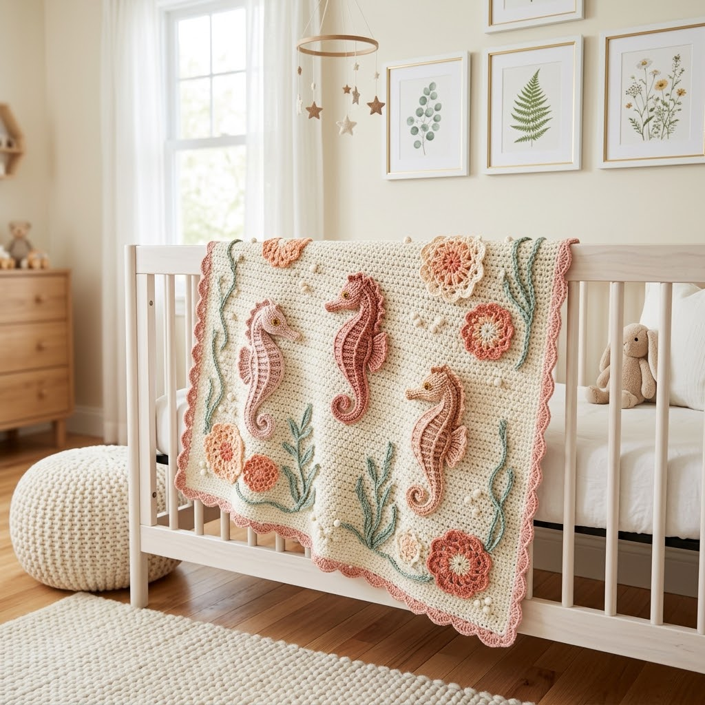 Blush Pink Seahorse Baby Blanket Free Crochet Pattern