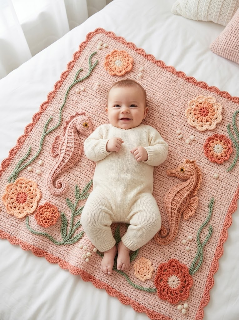 Blush Pink Seahorse Baby Blanket Free Crochet Pattern
