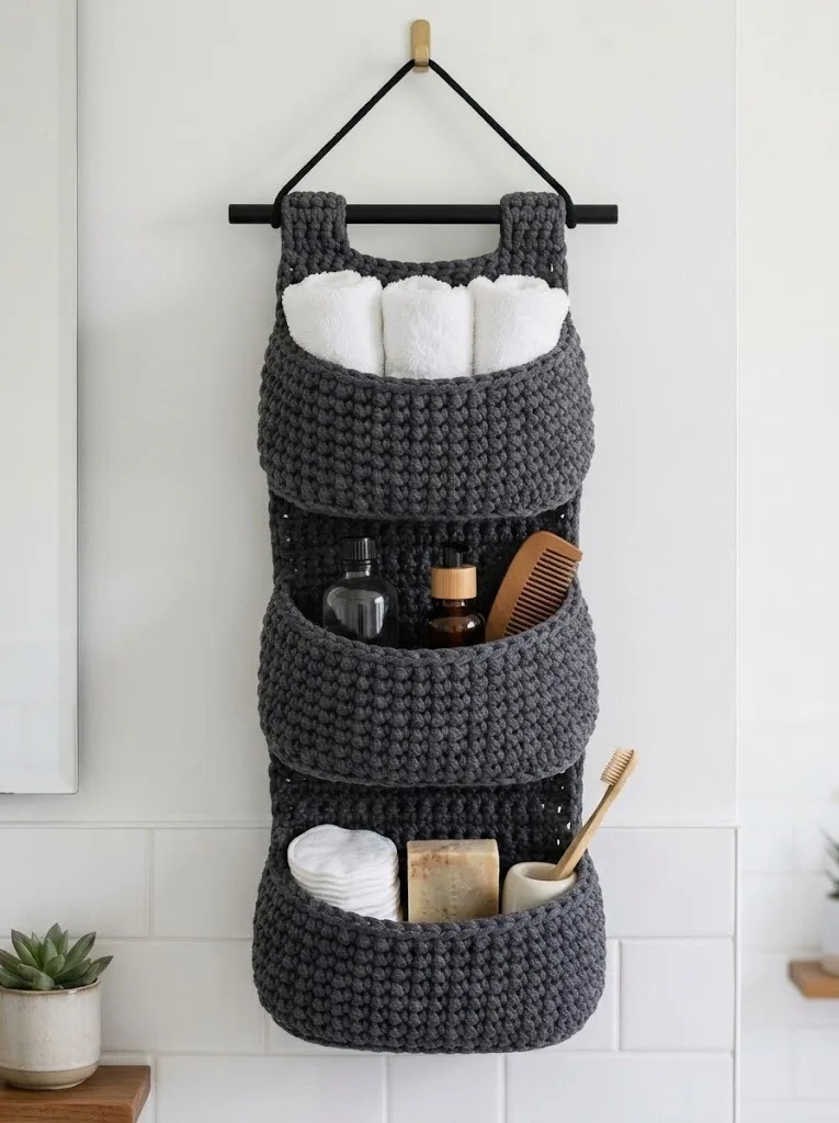 Charcoal Gray Bathroom Storage Basket Free Crochet Pattern
