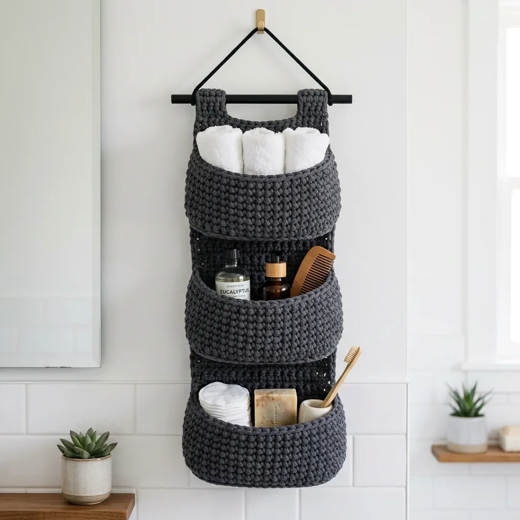 Charcoal Gray Bathroom Storage Basket Free Crochet Pattern