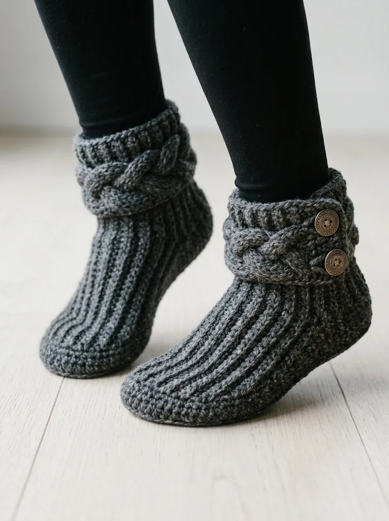 Charcoal Gray Button Cuff Slipper Boots Free Crochet Pattern