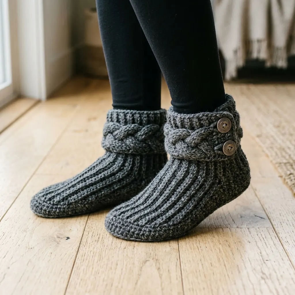 Charcoal Gray Button Cuff Slipper Boots Free Crochet Pattern