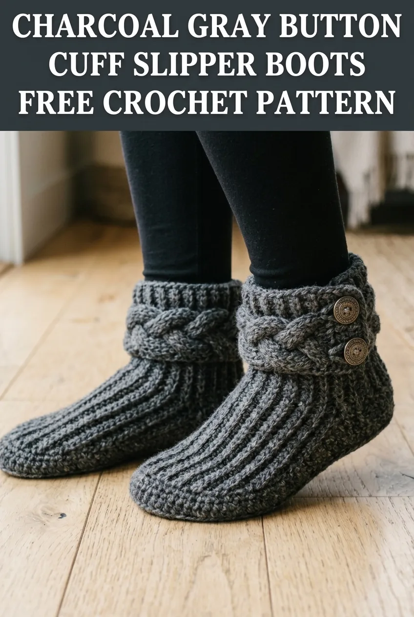 Charcoal Gray Button Cuff Slipper Boots Free Crochet Pattern
