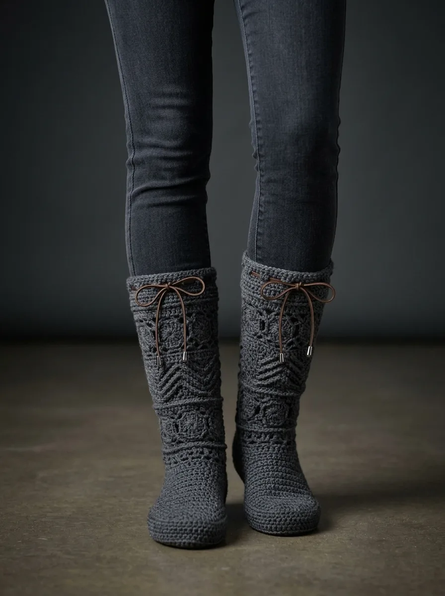 Charcoal Gray Modern Crochet Lace Boots Free Pattern