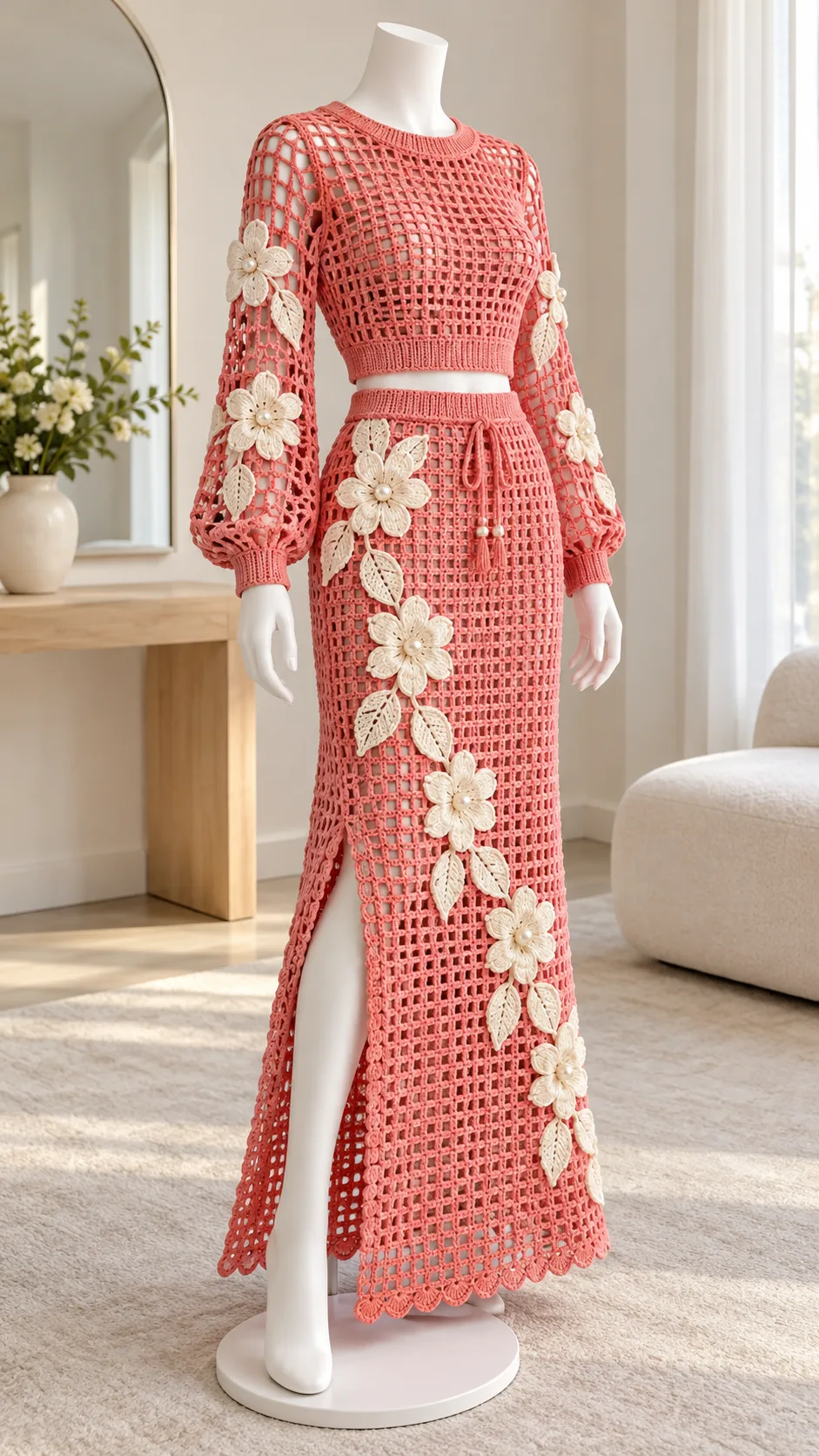Coral Hibiscus Skirt Set Crochet Pattern on mannequin
