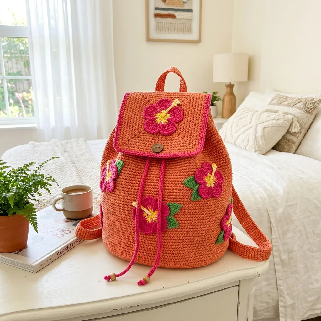 Coral Hibiscus Tropical Crochet Backpack