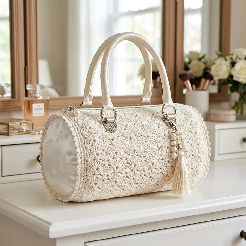 Cream Lace Bridal Barrel Bag Crochet Pattern