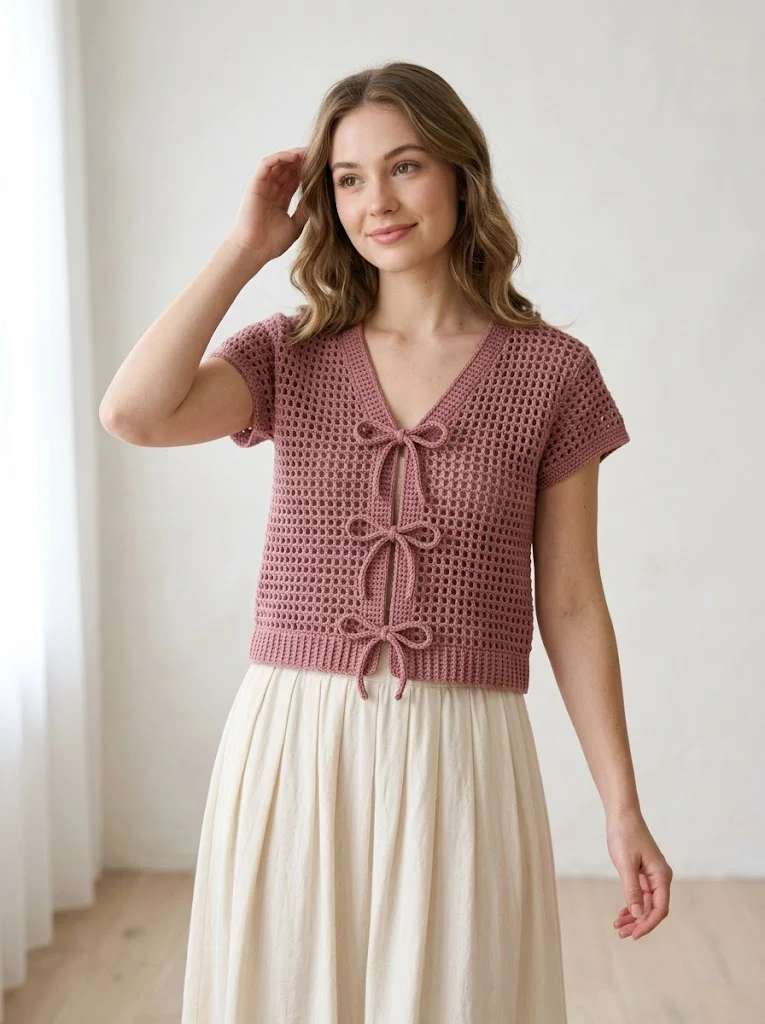 Dusty Rose Grid Tie Cardigan Free Crochet Pattern