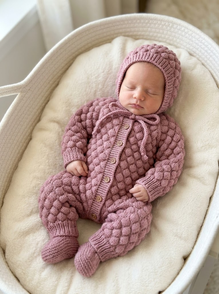 Dusty Rose Knitted Baby Snowsuit Set Free Crochet Pattern