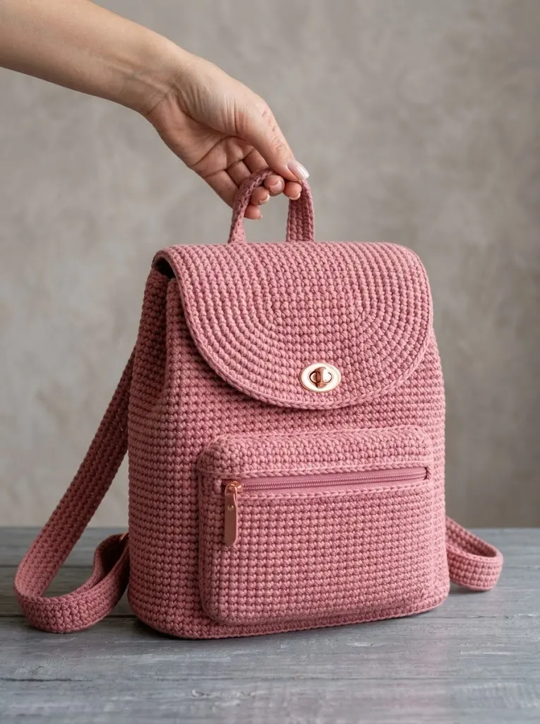 Dusty Rose Pink Crochet Backpack Free Pattern