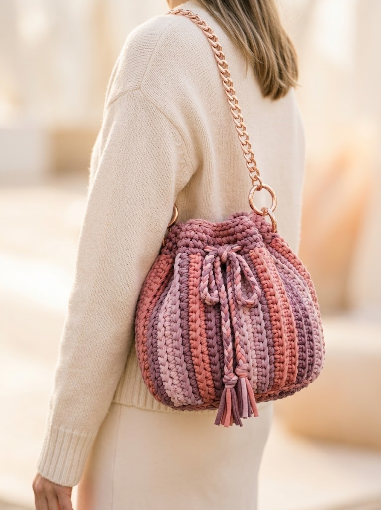 Dusty Rose Pink Drawstring Bucket Bag Free Crochet Pattern