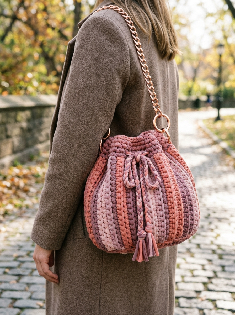 Dusty Rose Pink Drawstring Bucket Bag Crochet Pattern (PDF Download)