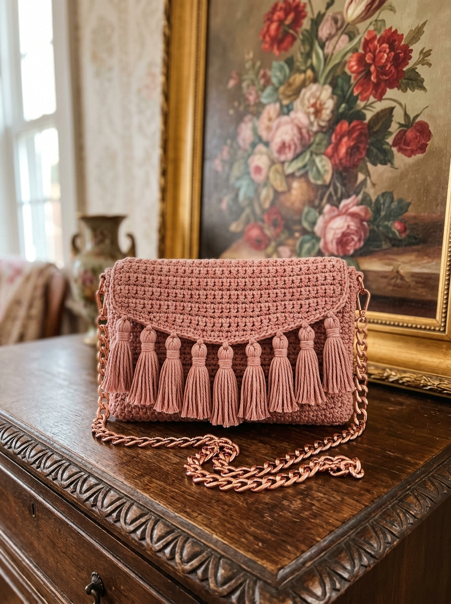 Dusty Rose Pink Tassel Crossbody Crochet Pattern (PDF Download)