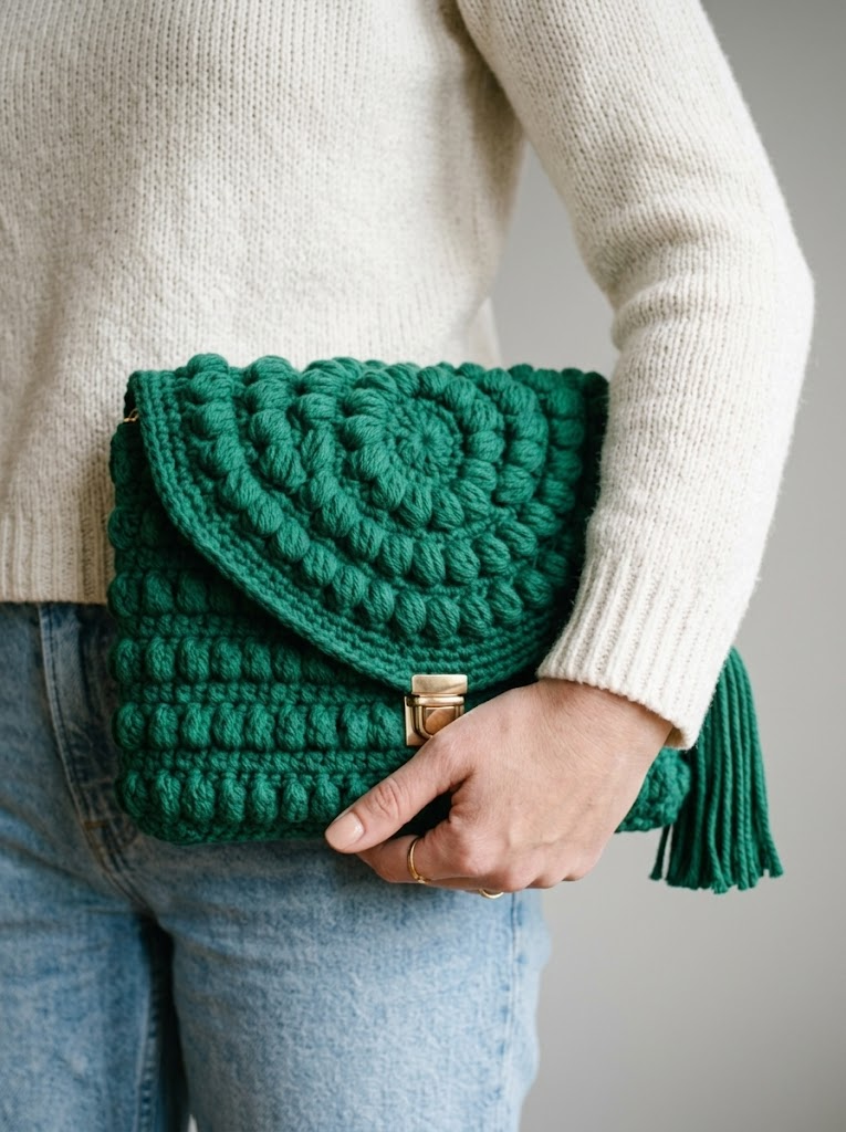 Emerald Green Bobble Stitch Clutch Free Crochet Pattern