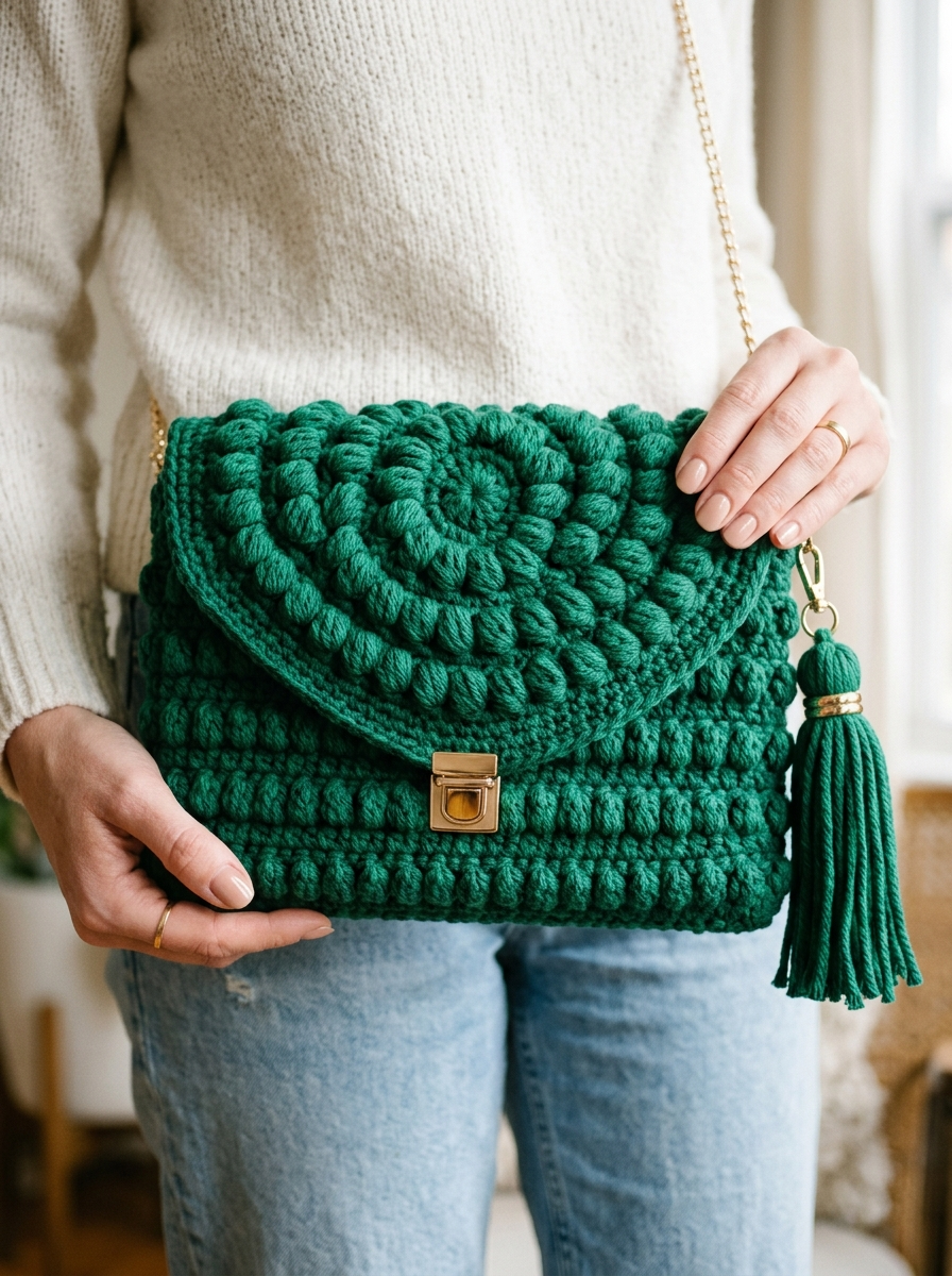 Emerald Green Bobble Stitch Clutch Crochet Pattern (PDF Download)