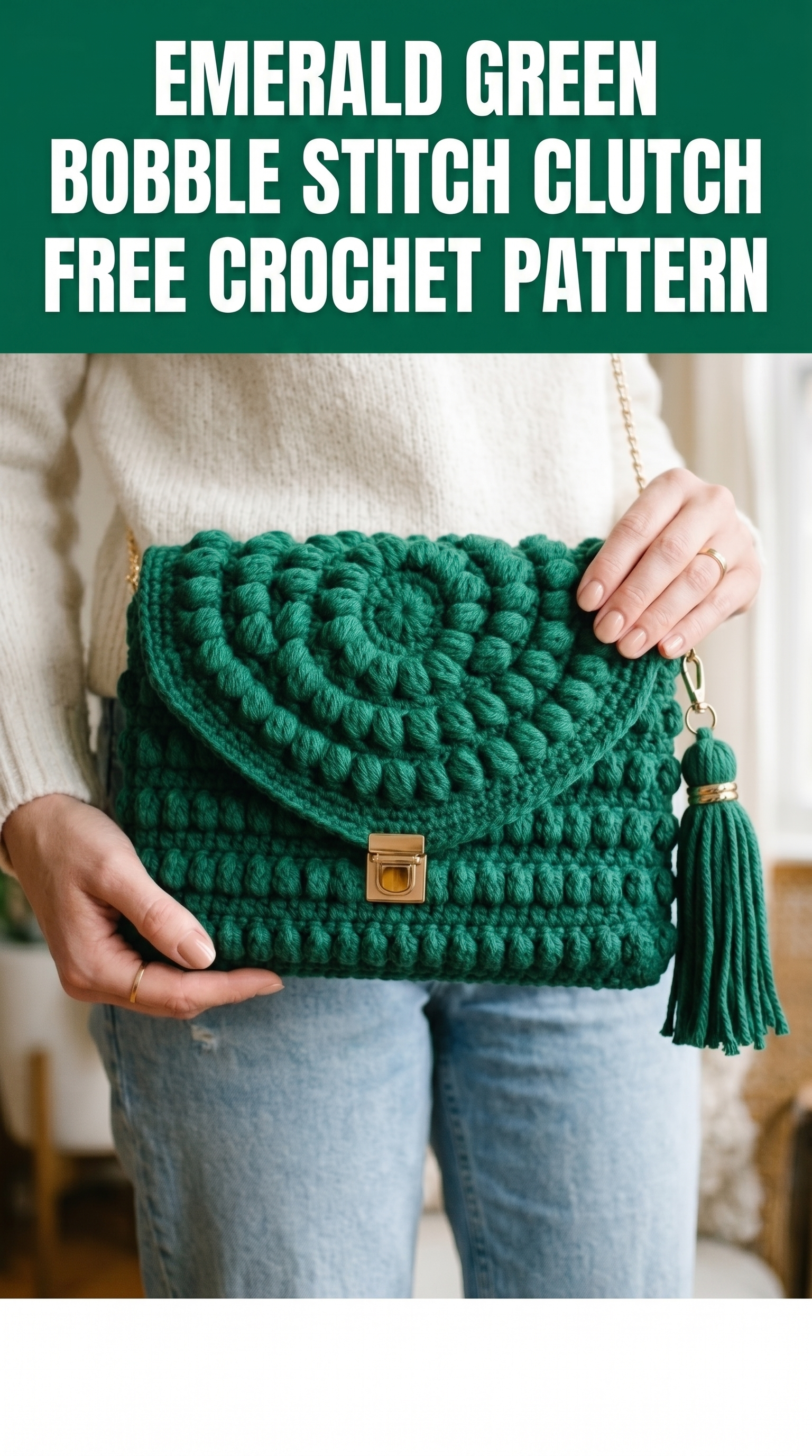 Emerald Green Bobble Stitch Clutch Free Crochet Pattern