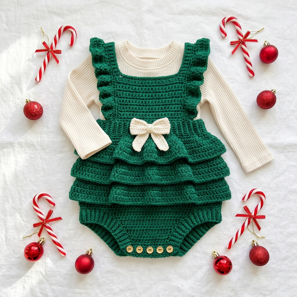 Emerald Green Holiday Baby Romper Free Crochet Pattern