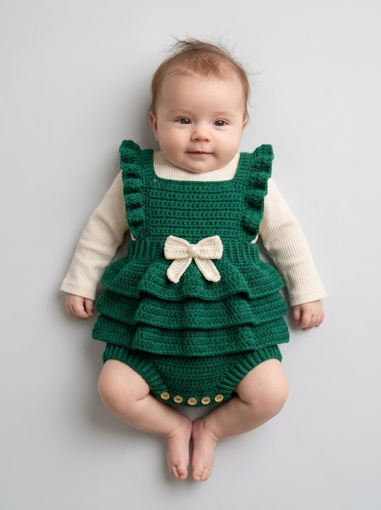 Emerald Green Holiday Baby Romper Free Crochet Pattern