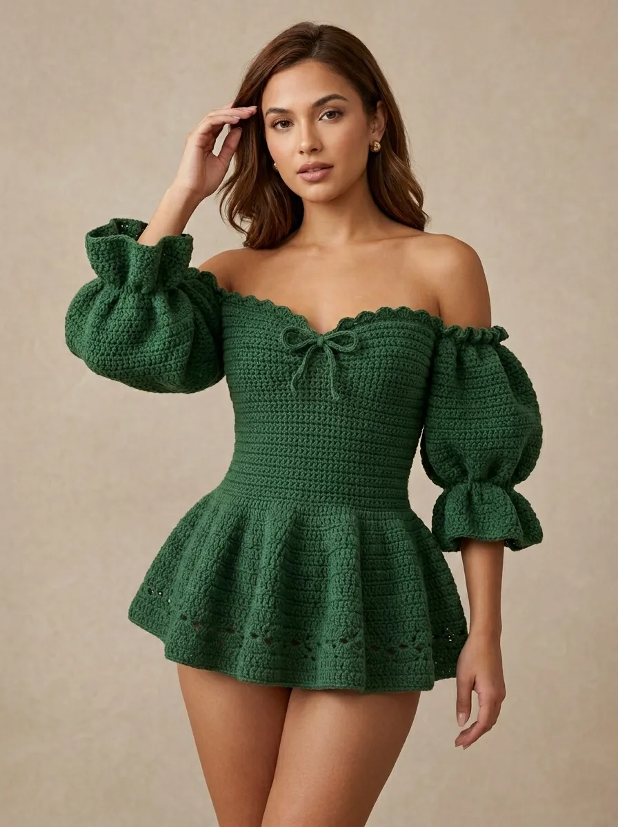 Forest Green Elegant Peplum Crochet Top Free Pattern
