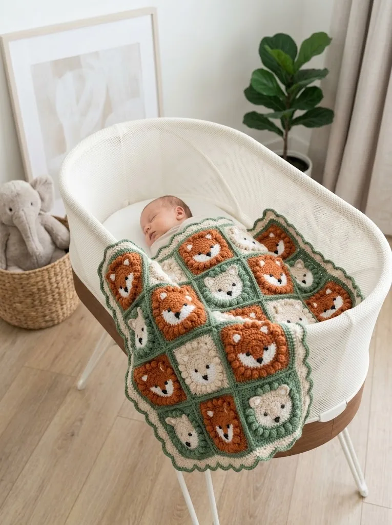 Forest Green Fox Granny Square Baby Blanket Free Pattern