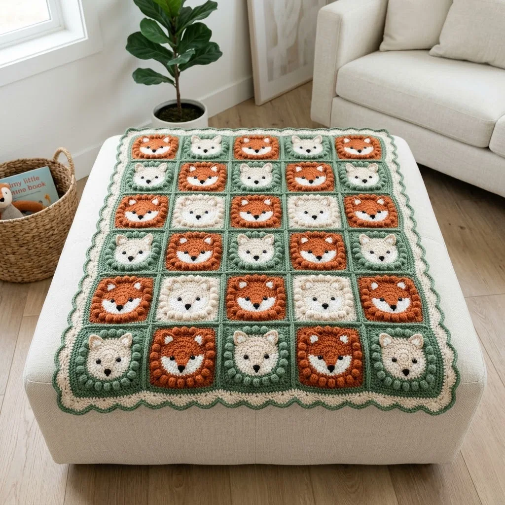 Forest Green Fox Granny Square Baby Blanket Free Pattern