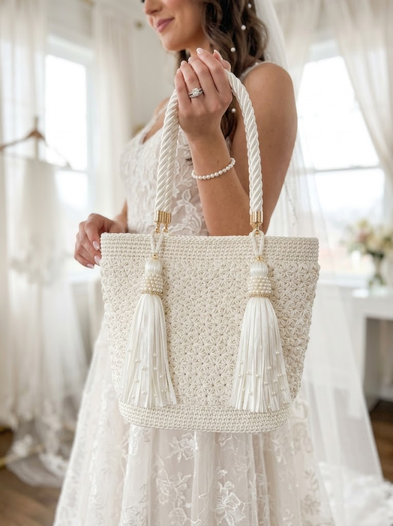Ivory White Bridal Tote with Pearl Embellished Tassels Pattern