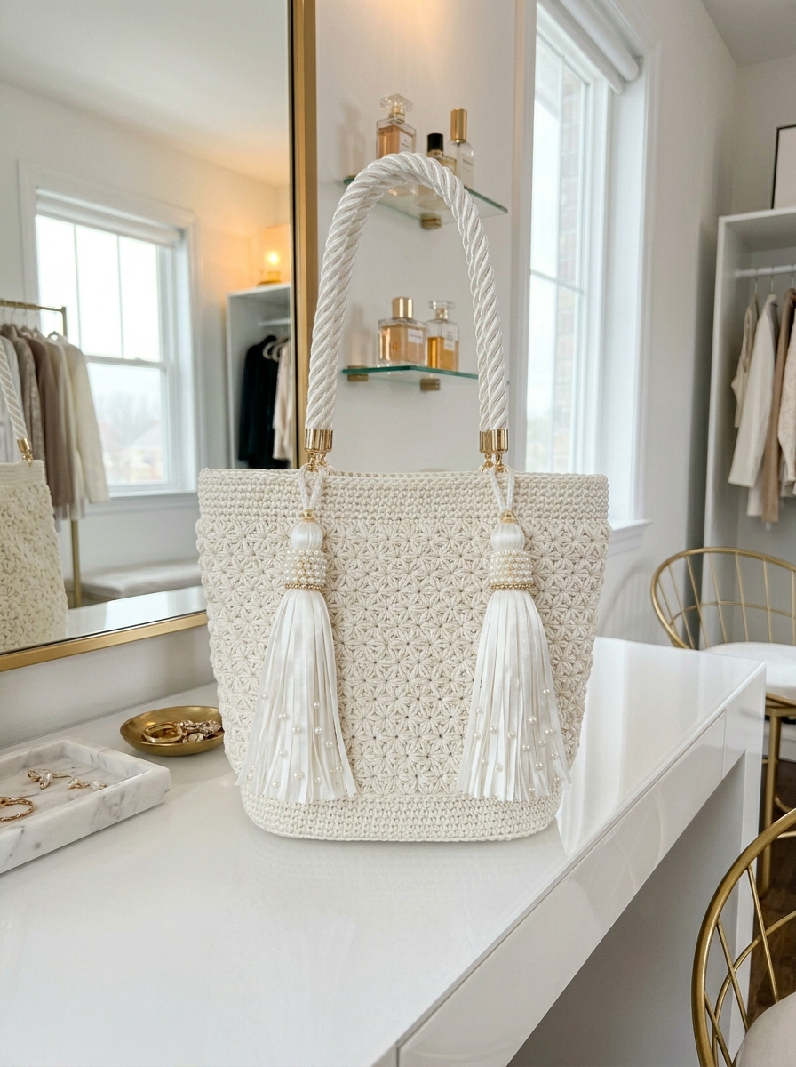 Ivory White Bridal Tote with Pearl Embellished Tassels Pattern