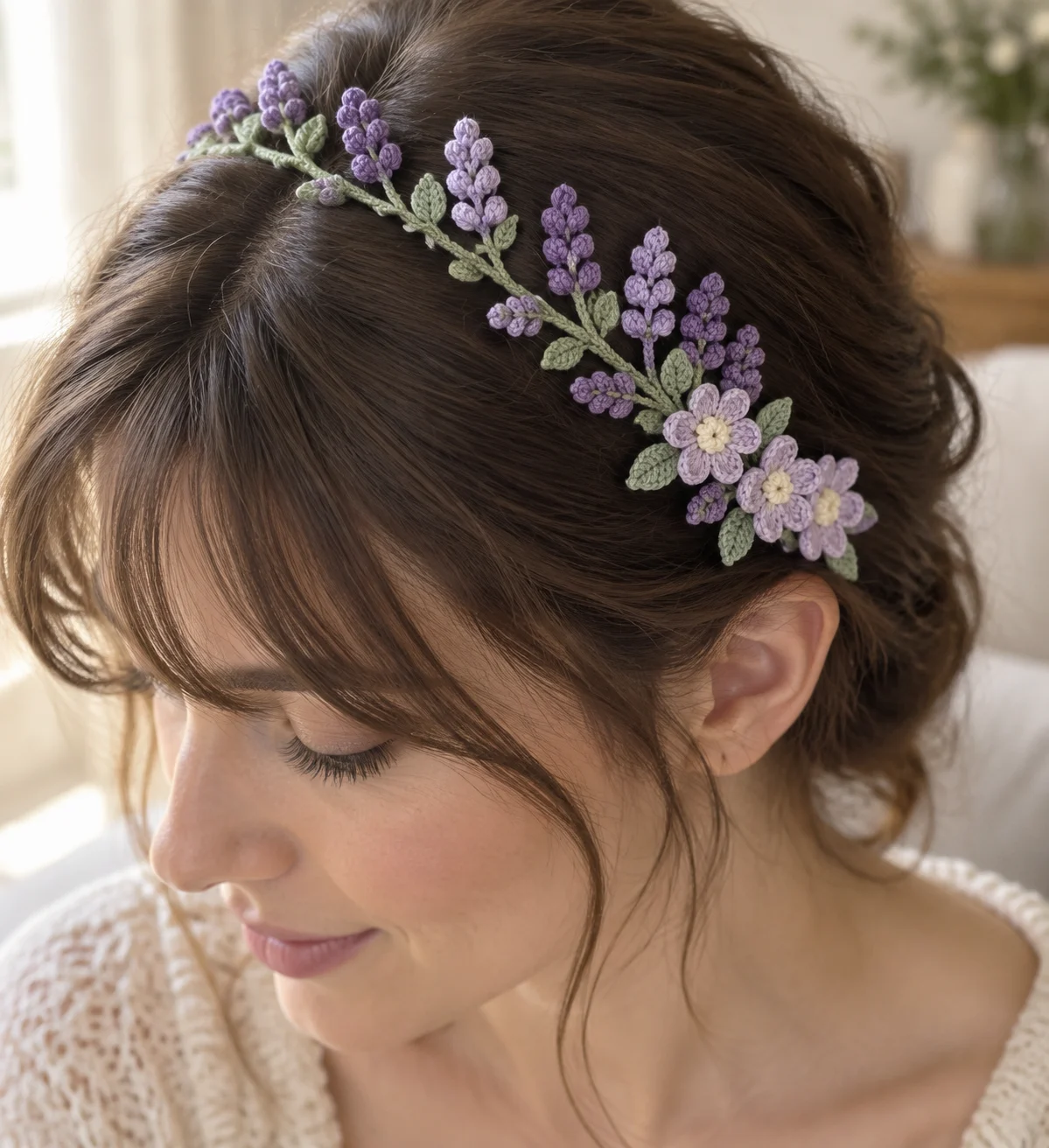 Lavender Sprig Headband Crochet Pattern worn by a woman with brown hair