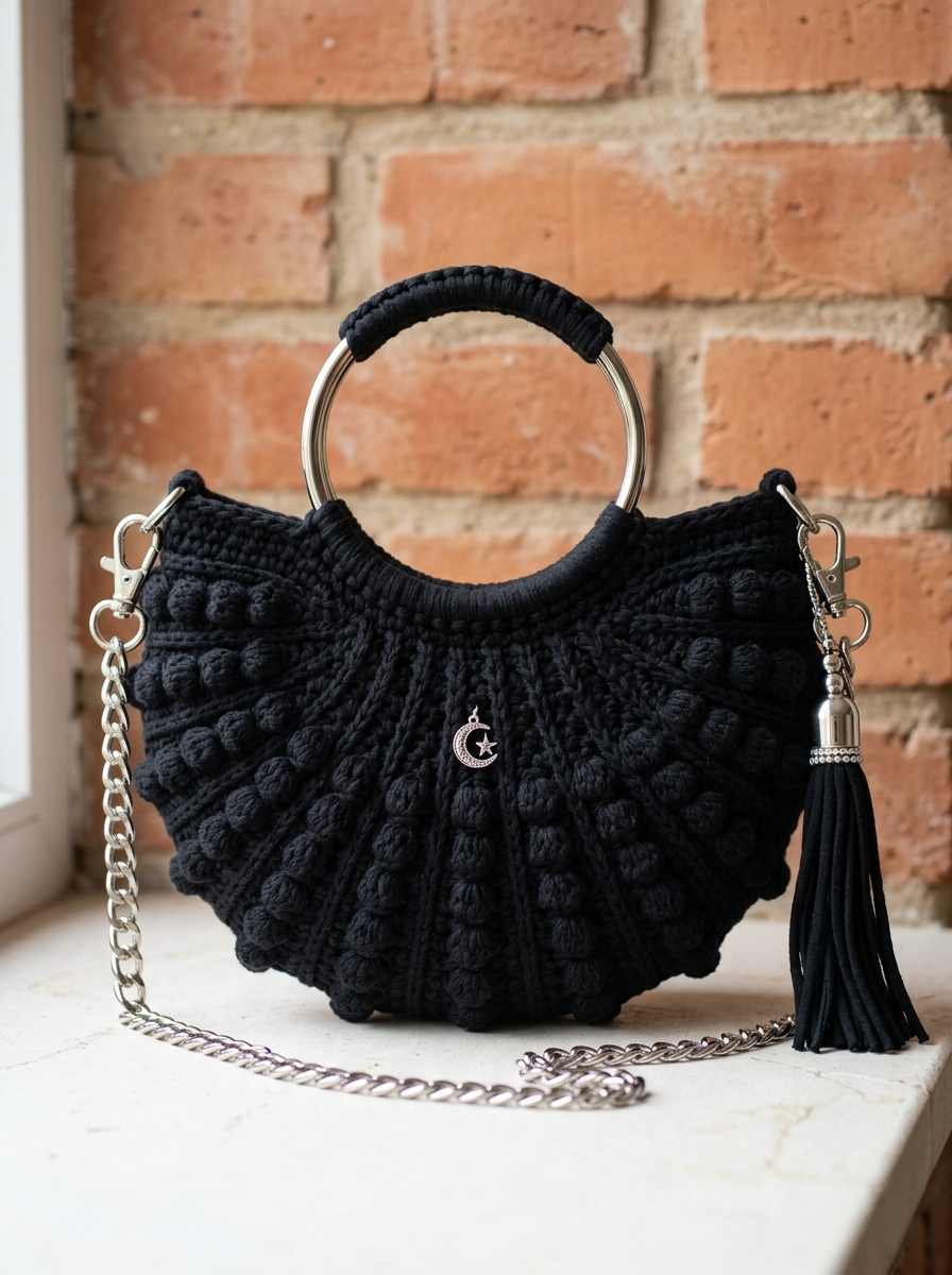Midnight Black Crescent Bag with Silver Hardware Free Crochet Pattern