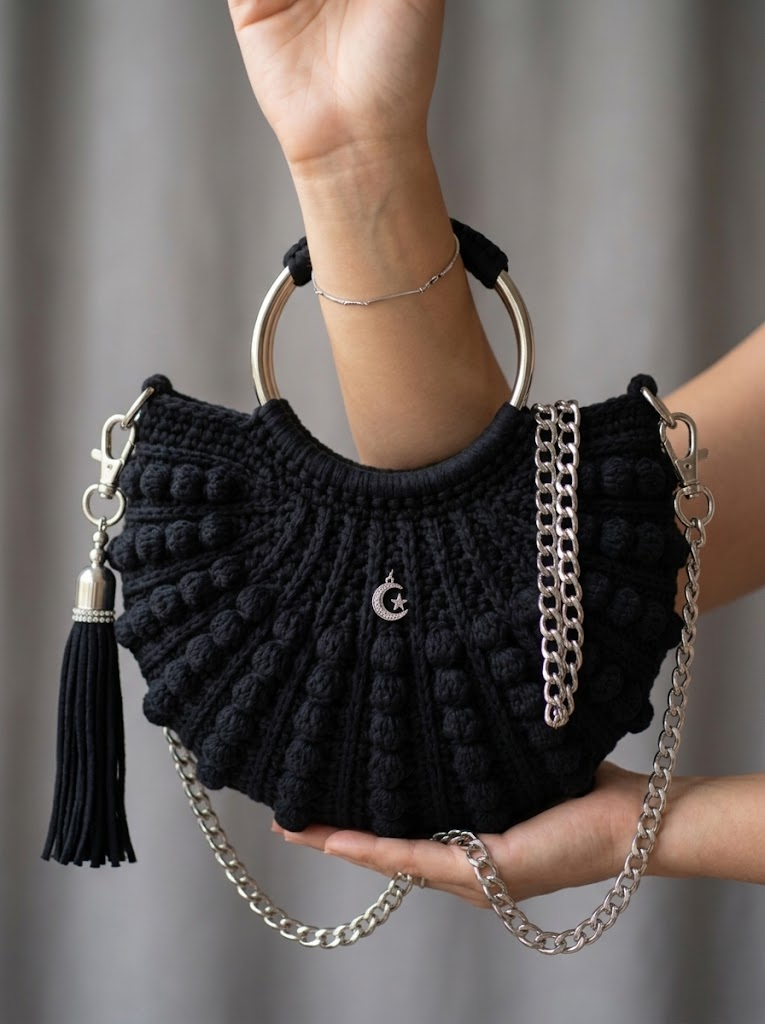 Midnight Black Crescent Bag with Silver Hardware Free Crochet Pattern