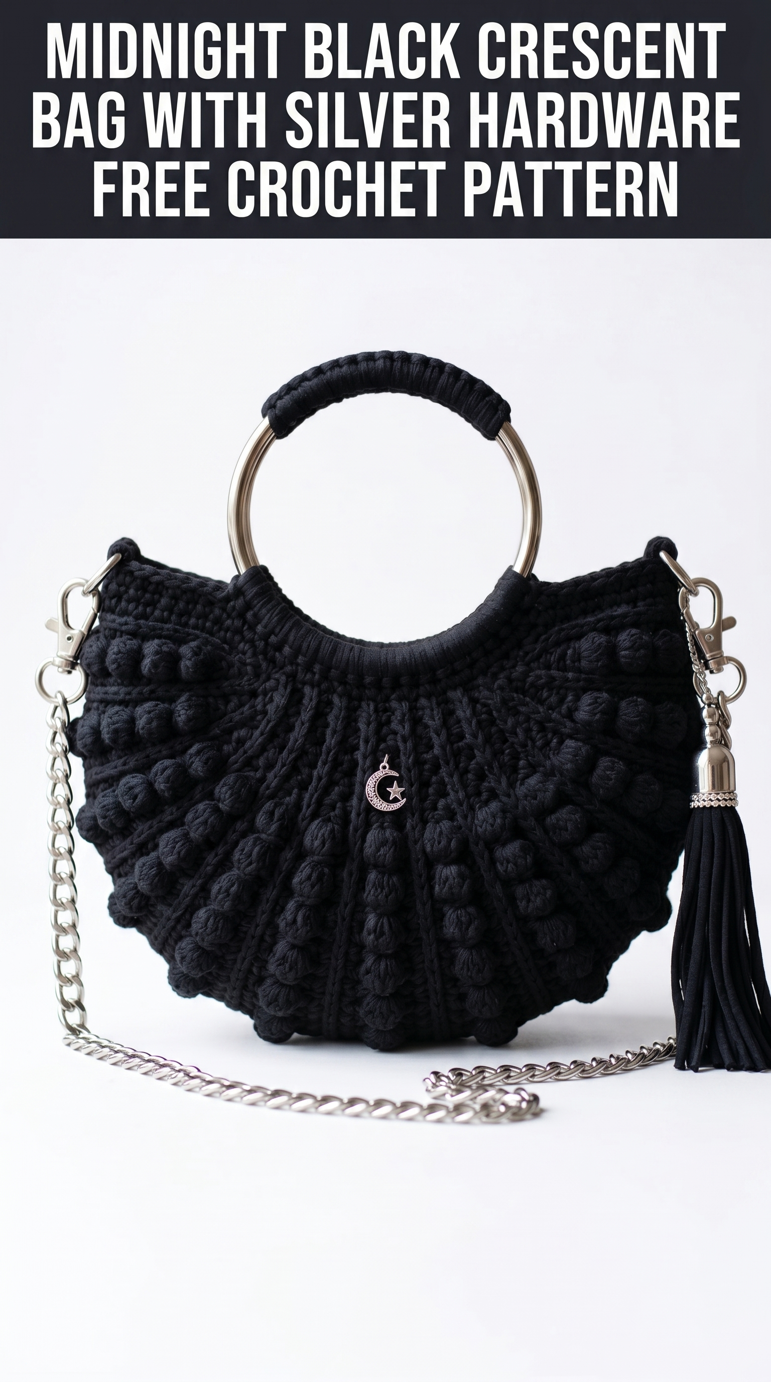 Midnight Black Crescent Bag with Silver Hardware Free Crochet Pattern