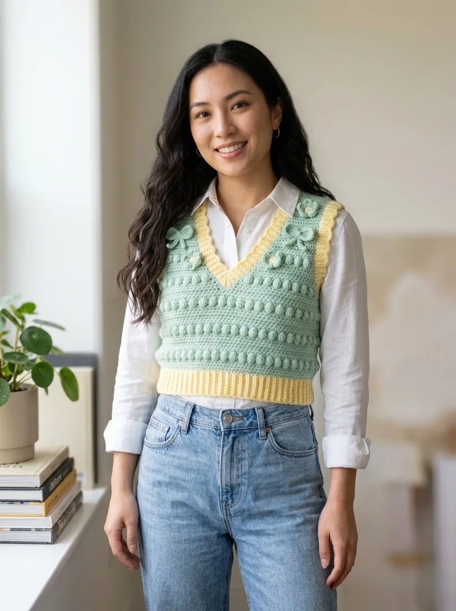 Mint Garden Bow Crochet Vest Free Crochet Pattern