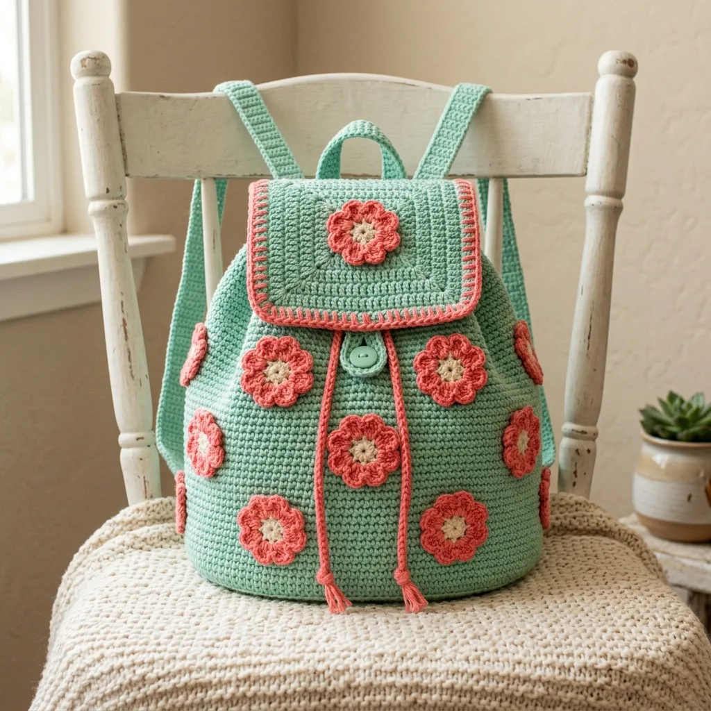 Mint Green Floral Crochet Backpack