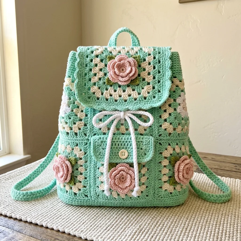 Mint Green Rose Drawstring Crochet Backpack