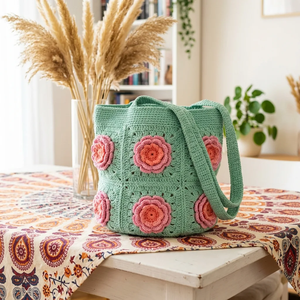 Mint Green Rose Granny Square Crochet Bag