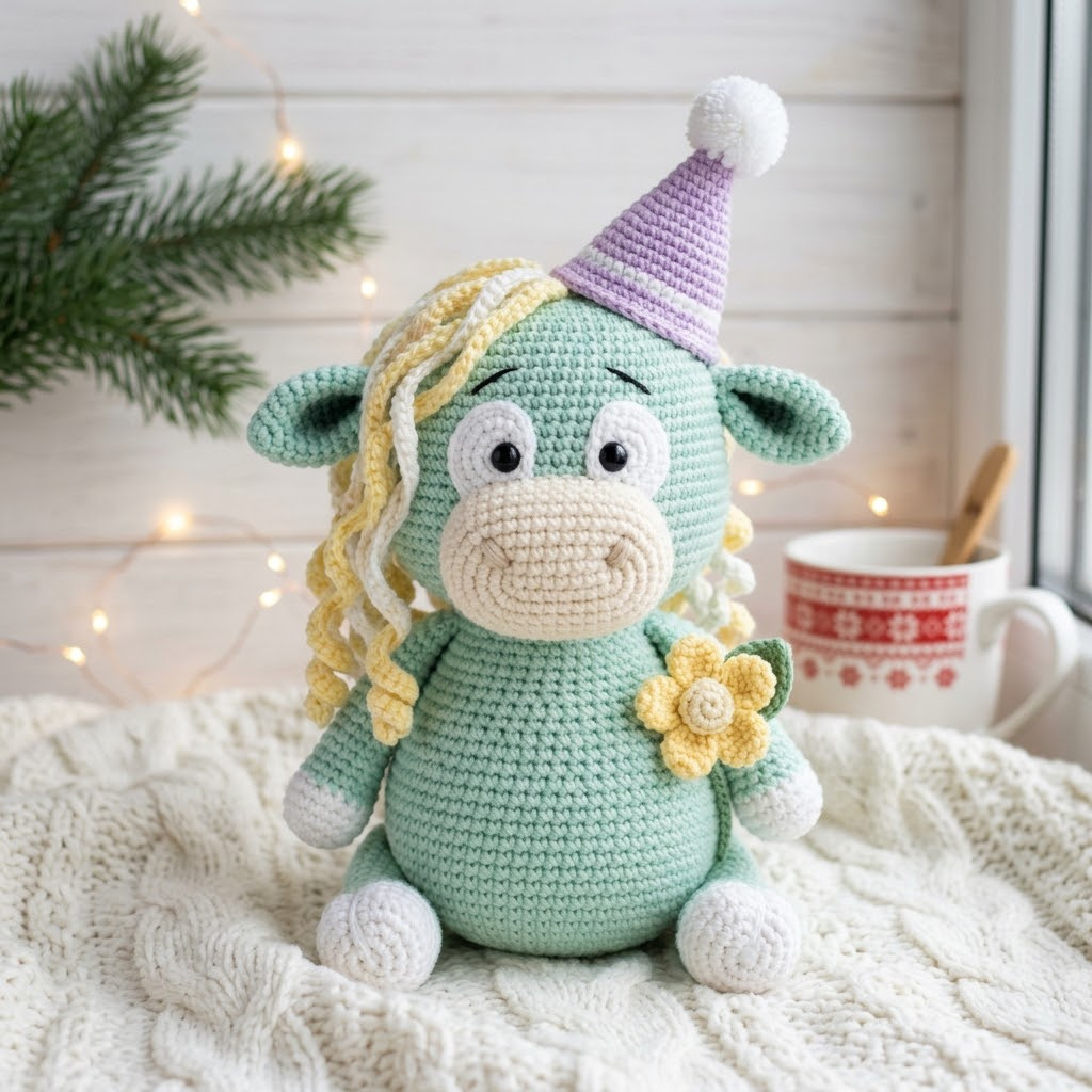 Mint Green Spring Highland Cow Amigurumi Free Crochet Pattern