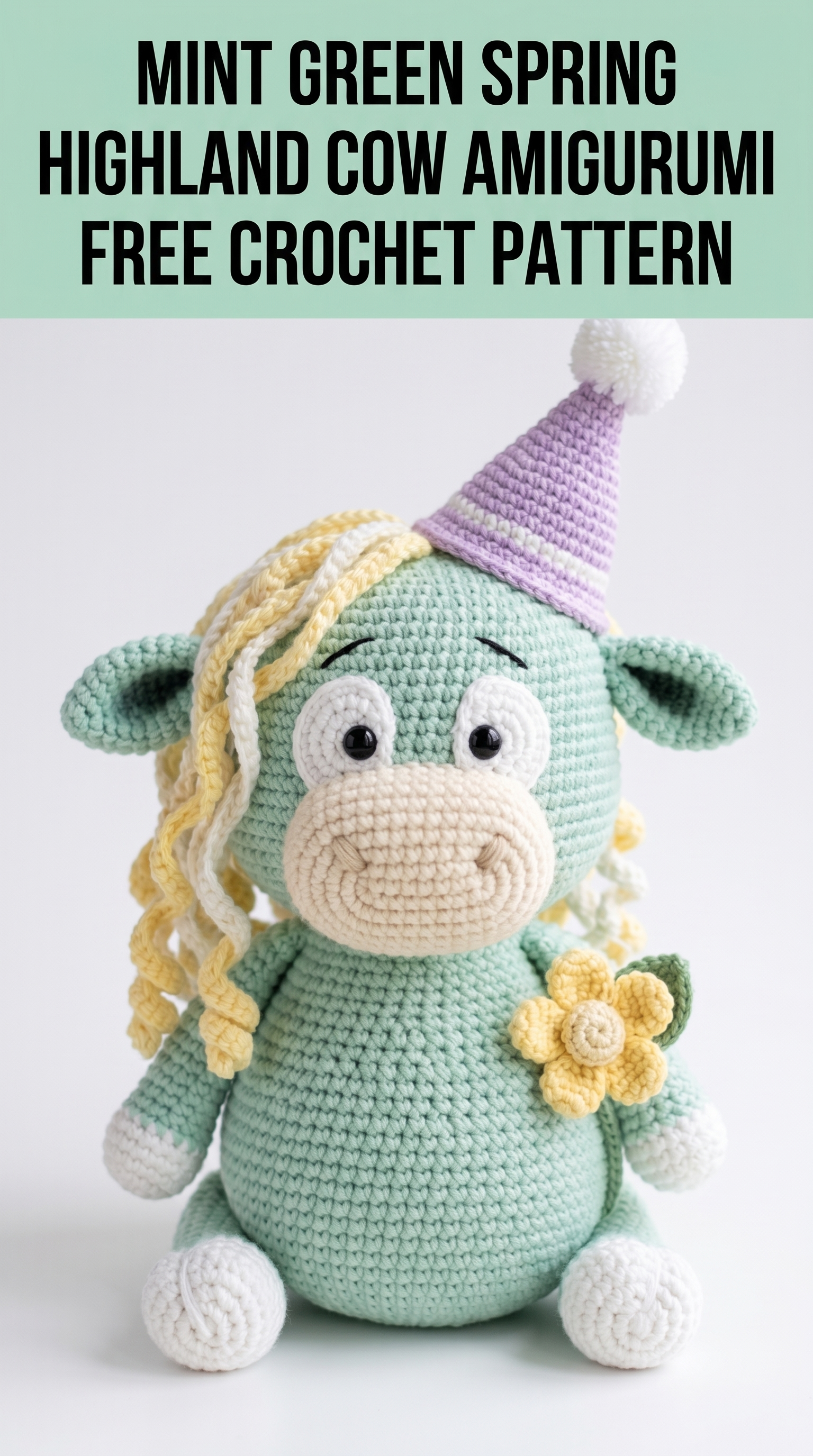 Mint Green Spring Highland Cow Amigurumi Free Crochet Pattern